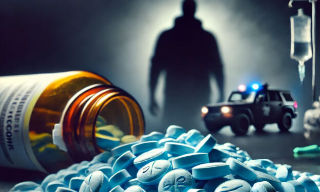 Close-up of blue oxycodone pills, some contaminated with dangerous substances, highlighting the dangers of illicit drugs and fentanyl. In the background, a shadowy figure symbolizes addiction, while subtle medical elements like an IV bag evoke the need for treatment.