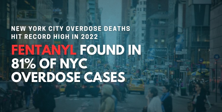 A photo of a busy NYC street with text overlay: "New York City Overdose Deaths Hit Record High in 2022. Fentanyl Found in 81% of NYC 
Overdose Cases". Concept of Rapid Detox Centers New York City