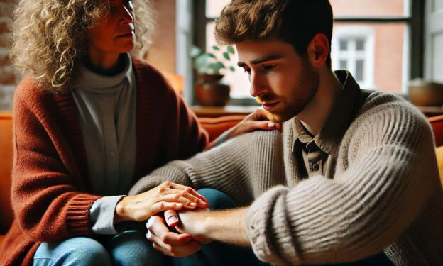 an image of a mother comforting her adult son, concept of recognizing the signs of addiction and approaching the conversation