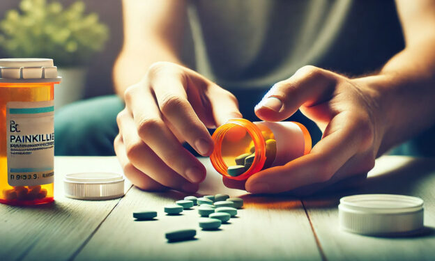 A human hand holding a prescription bottle of painkillers with pills spilling onto a nearby surface, suggesting a personal struggle with pain relief and potential addiction. The background subtly hints at a home environment.