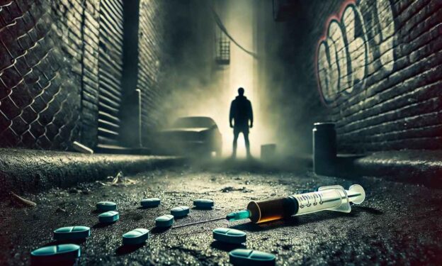 Dark urban alley with a syringe and scattered pills on the ground, symbolizing the danger of xylazine in street drugs. A shadowy figure looms in the background, representing the hidden threat of addiction.